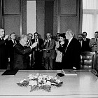 Посещение на израелският министър-председател Ицхак Шамир в България. Подписване на договор с министър-председател Димитър Попов